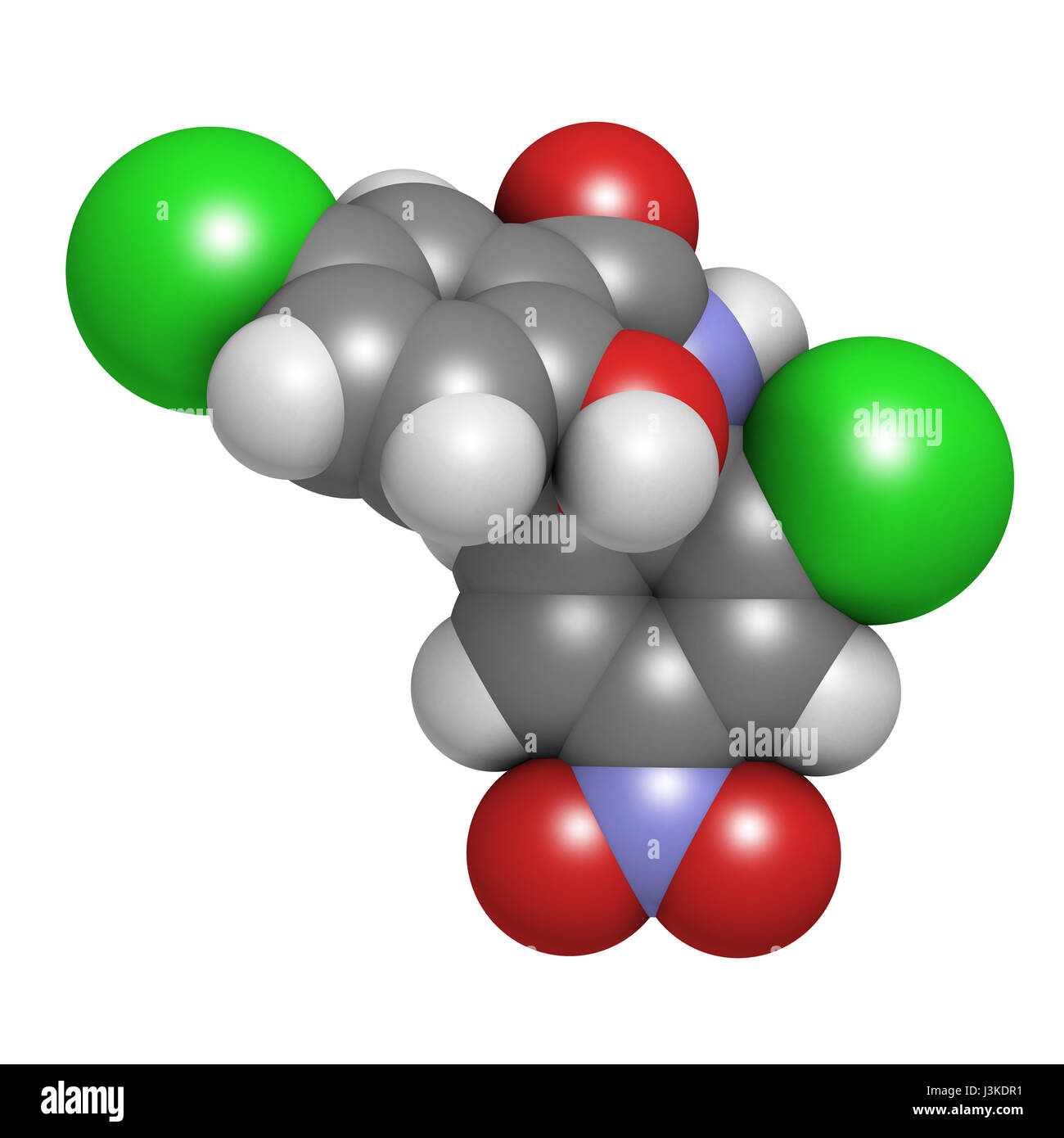 Ténia Niclosamide (molécule du médicament anthelmintique). Peut être utile comme médicament antidiabétique oral, agissant comme un découpleur mitochondriale. Les atomes sont représentés comme des s Banque D'Images