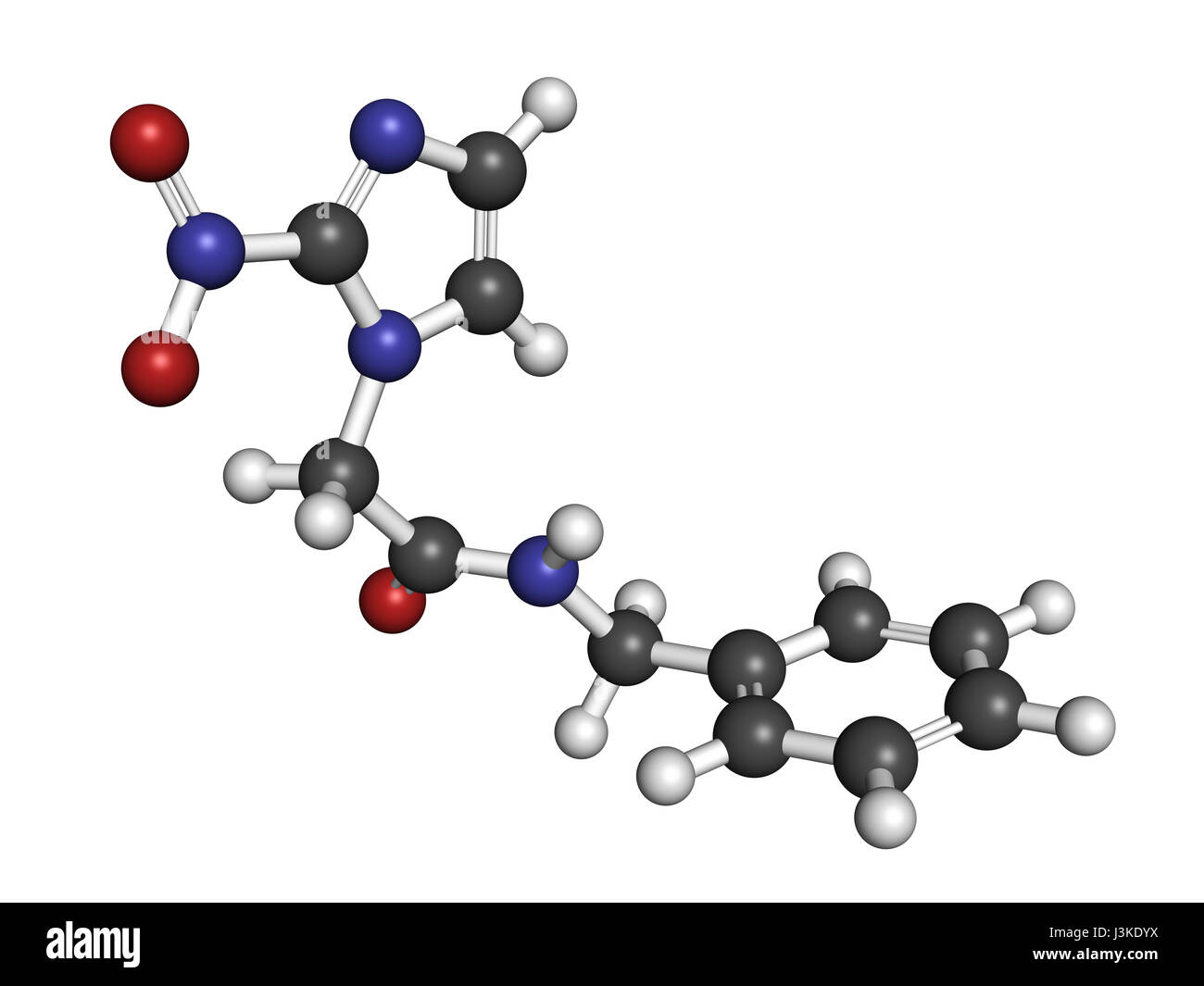 Benznidazole antiparasitaires molécule pharmaceutique. Utilisé dans le traitement de la maladie de Chagas (Trypanosoma cruzi). Les atomes sont représentés comme des sphères classiques avec Banque D'Images