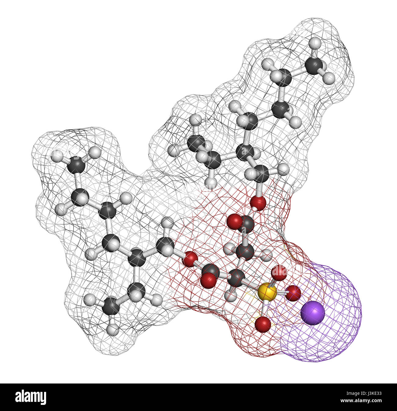 Docusate de sodium (sodium dioctyl sulfosuccinate) émollient molécule pharmaceutique (laxatif). Les atomes sont représentés comme des sphères de couleur classiques codi Banque D'Images