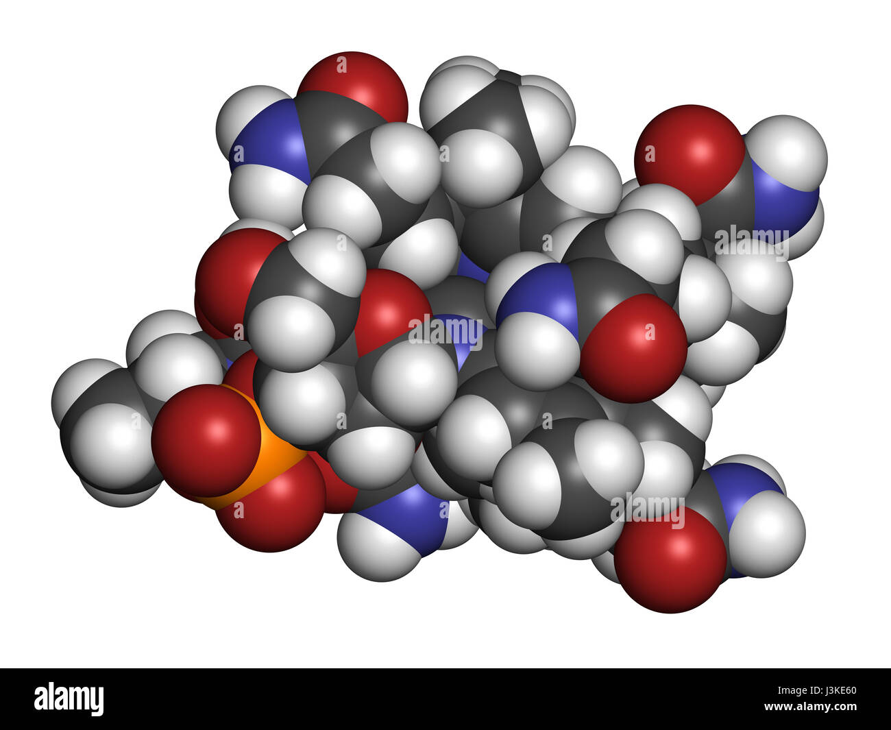 L'hydroxocobalamine molécule de vitamine B12. Souvent donné dans un but thérapeutique en cas de carence en B12, mais aussi pour traiter l'empoisonnement au cyanure. Les atomes sont represente Banque D'Images