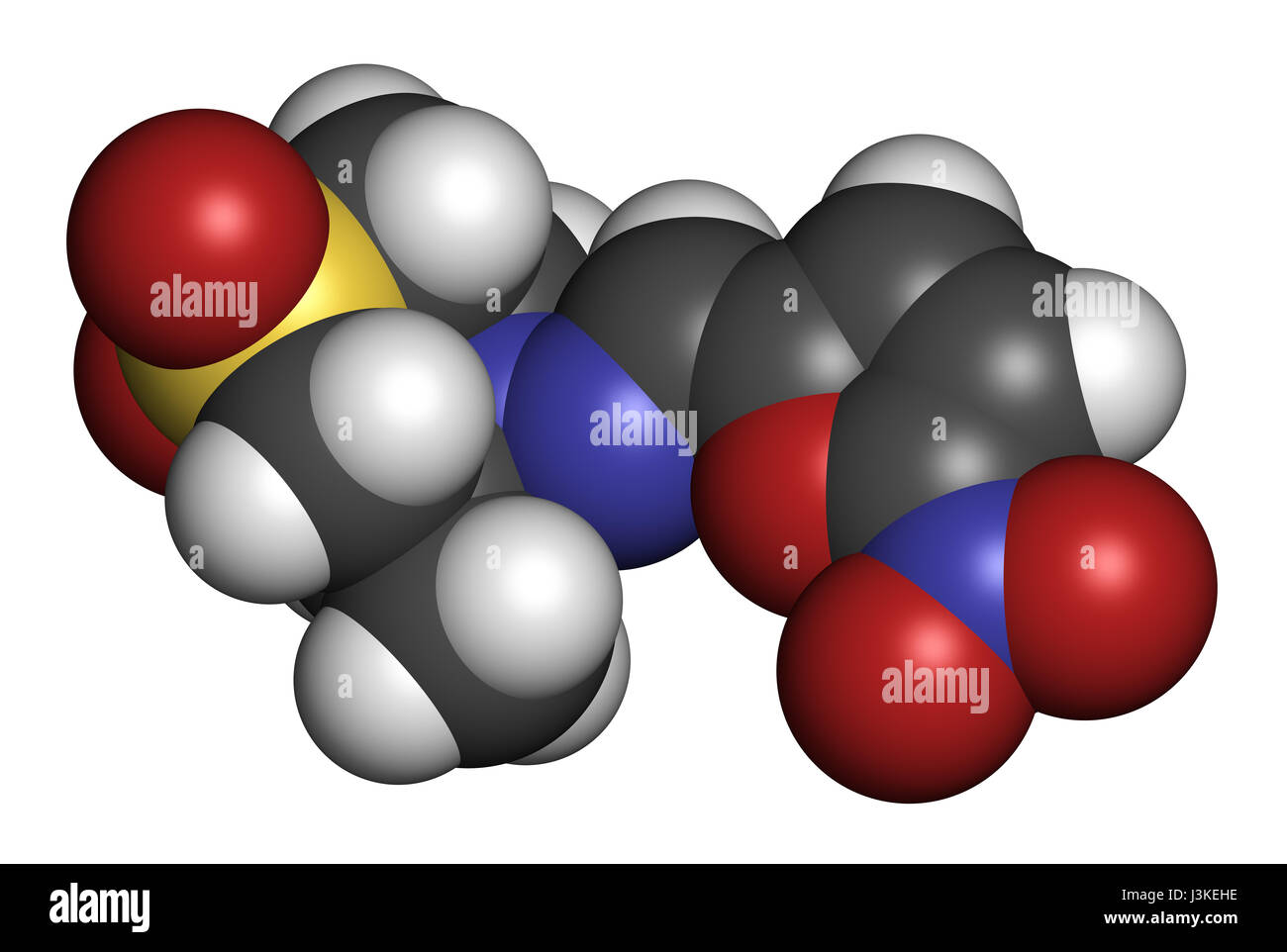 Le Nifurtimox antiparasitaires molécule pharmaceutique. Utilisé dans le traitement de la maladie de Chagas et la maladie du sommeil. Les atomes sont représentés comme des sphères classiques avec Banque D'Images
