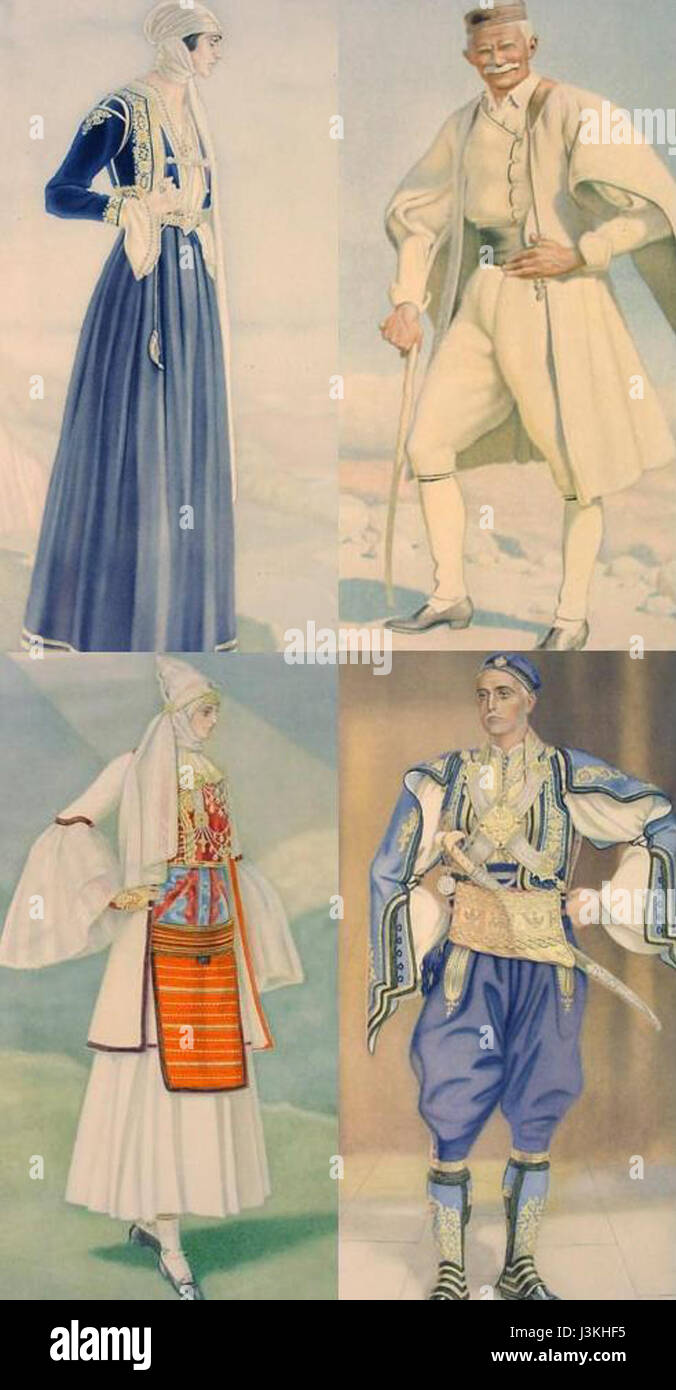 Le terme « costumes grecs en Épire du Nord » fait référence aux vêtements traditionnels portés dans la région de l'Épire du Nord, une région historiquement influencée par la culture grecque. Ces costumes reflètent les coutumes culturelles, les traditions locales et les influences historiques du patrimoine grec de la région. Banque D'Images