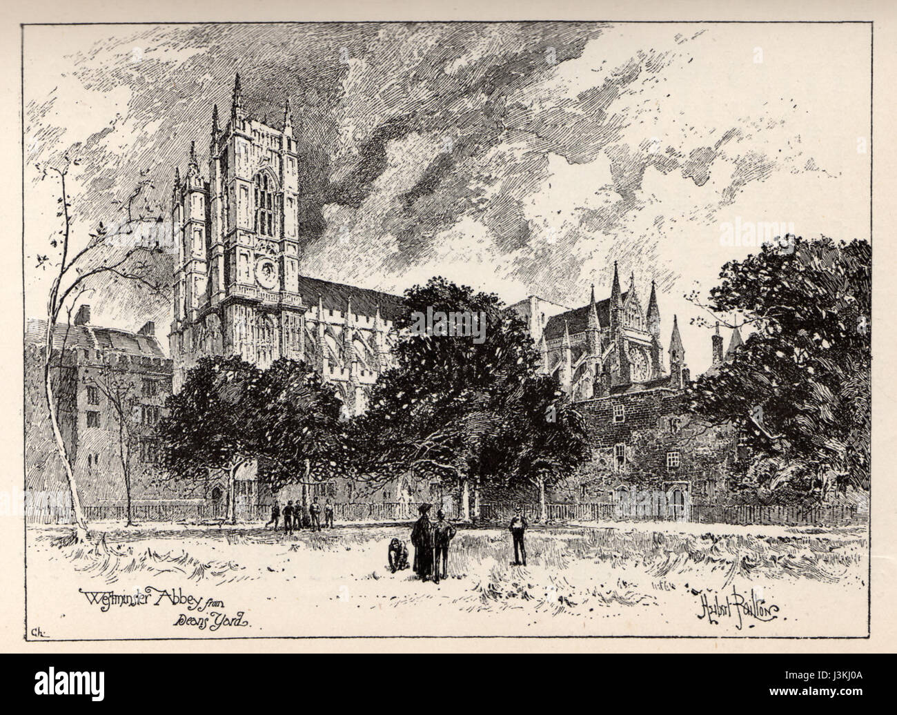 La représentation de l'abbaye de Westminster par Herbert Railton depuis Dean's Yard offre une perspective unique sur ce monument emblématique de Londres, illustrant à la fois les détails architecturaux et le contexte historique. Banque D'Images