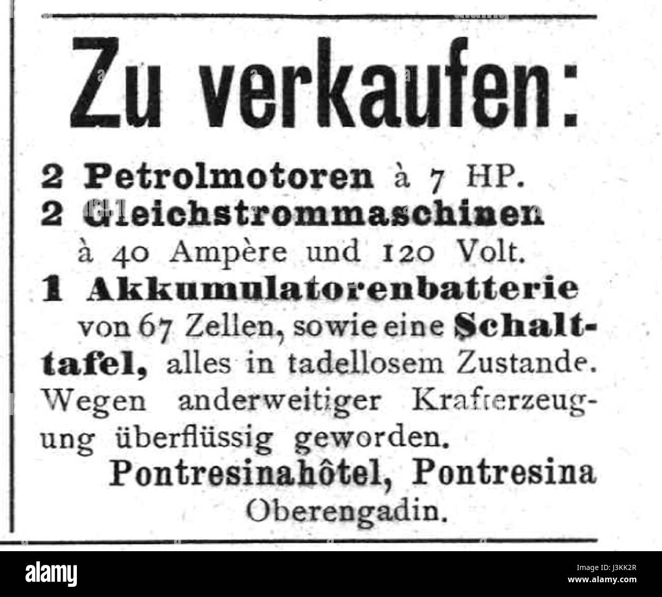 Une publicité de l'Hôtel Pontresina, mettant en vedette la vente d'équipements électriques. L'avis met en évidence les équipements et les offres technologiques disponibles à l'hôtel, indiquant un accent sur les commodités modernes et les améliorations pour les clients. Banque D'Images