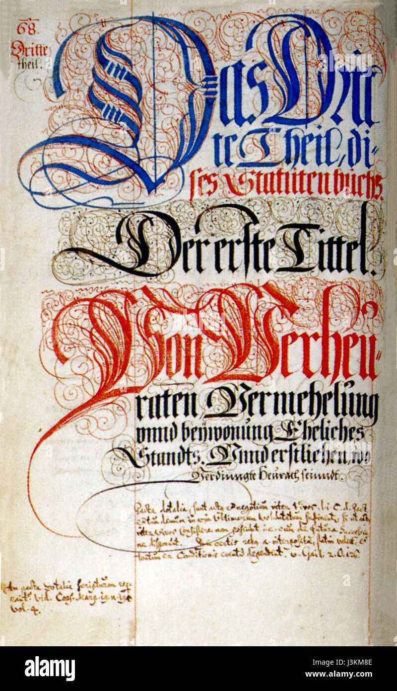 Le Heilbronner Statutenbuch est un manuscrit juridique de 1541 qui décrit les lois et règlements de la région de Heilbronn en Allemagne. Il donne un aperçu du système juridique et de la gouvernance de l'époque. Banque D'Images