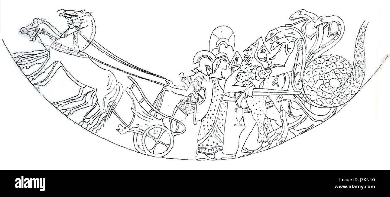 Hydra fronton II est une sculpture en relief architecturale classique, mettant en valeur des figures dans des poses dynamiques. La pièce est une représentation détaillée des thèmes mythologiques grecs, en se concentrant sur les dieux et les héros en action. Le fronton fait partie des éléments décoratifs de l'ancien temple. Banque D'Images