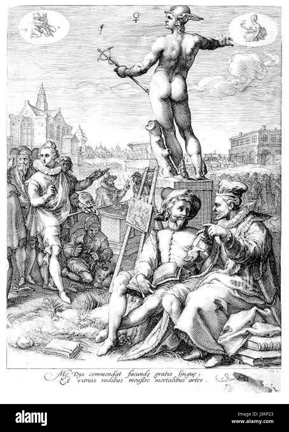 Cette œuvre, intitulée 'Mercur', est attribuée à l'artiste Hendrik Goltzius, un peintre néerlandais. La pièce représente le Dieu romain Mercure, connu pour sa vitesse et son rôle de messager dans la mythologie. Banque D'Images