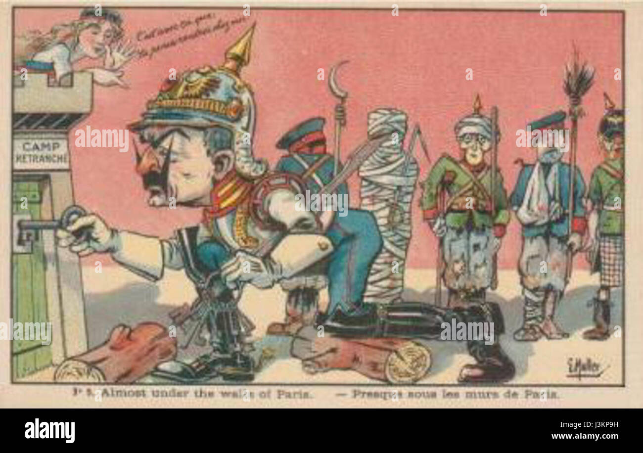 « Guerre 14 18 humour 3 presque sous les murs de Paris vers 1914 » reflète l'ambiance de la première Guerre mondiale, utilisant l'humour pour représenter les moments presque comiques mais poignants près des murs de Paris. Banque D'Images