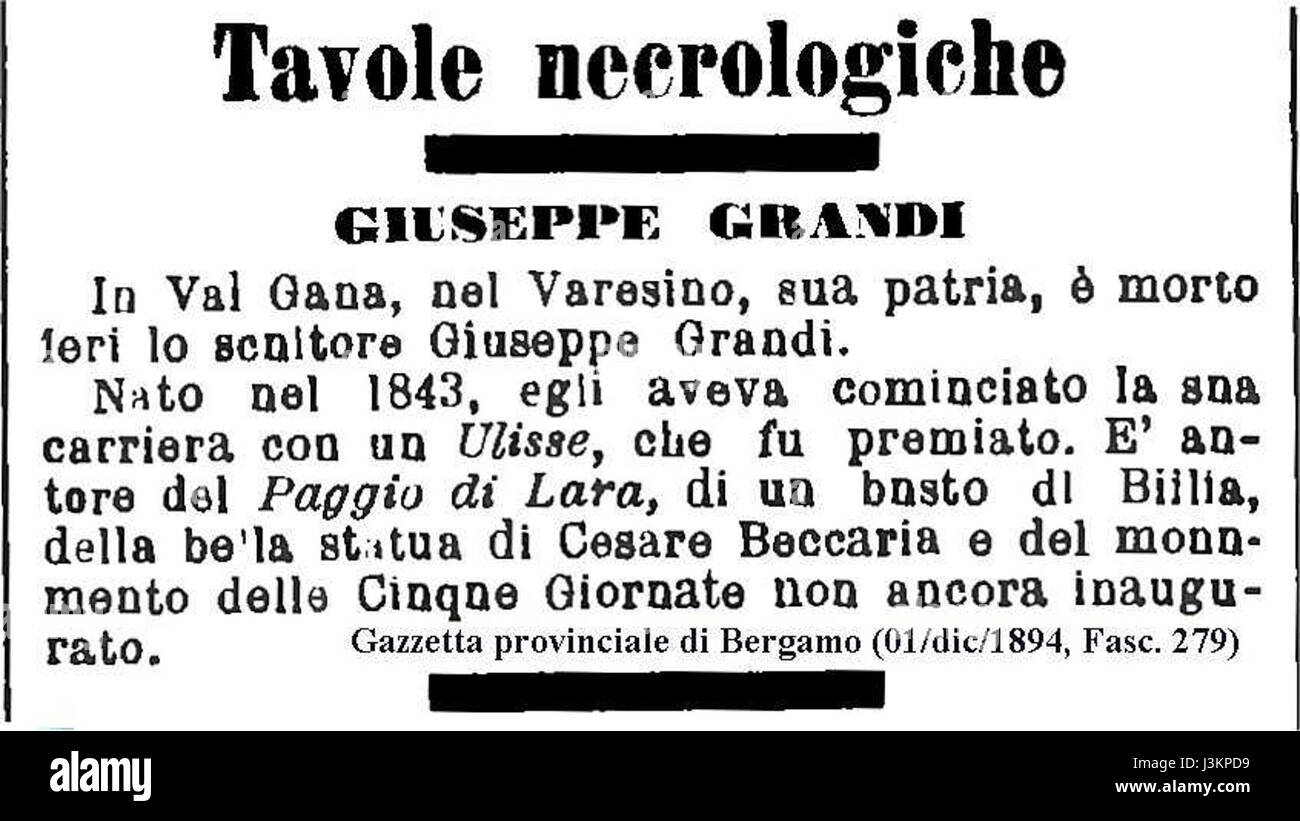 Giuseppe grandi était un sculpteur italien, et cette référence au 30 novembre 1894 marque une date importante dans sa carrière. Il est connu pour ses contributions à la sculpture italienne à la fin du XIXe siècle. Banque D'Images