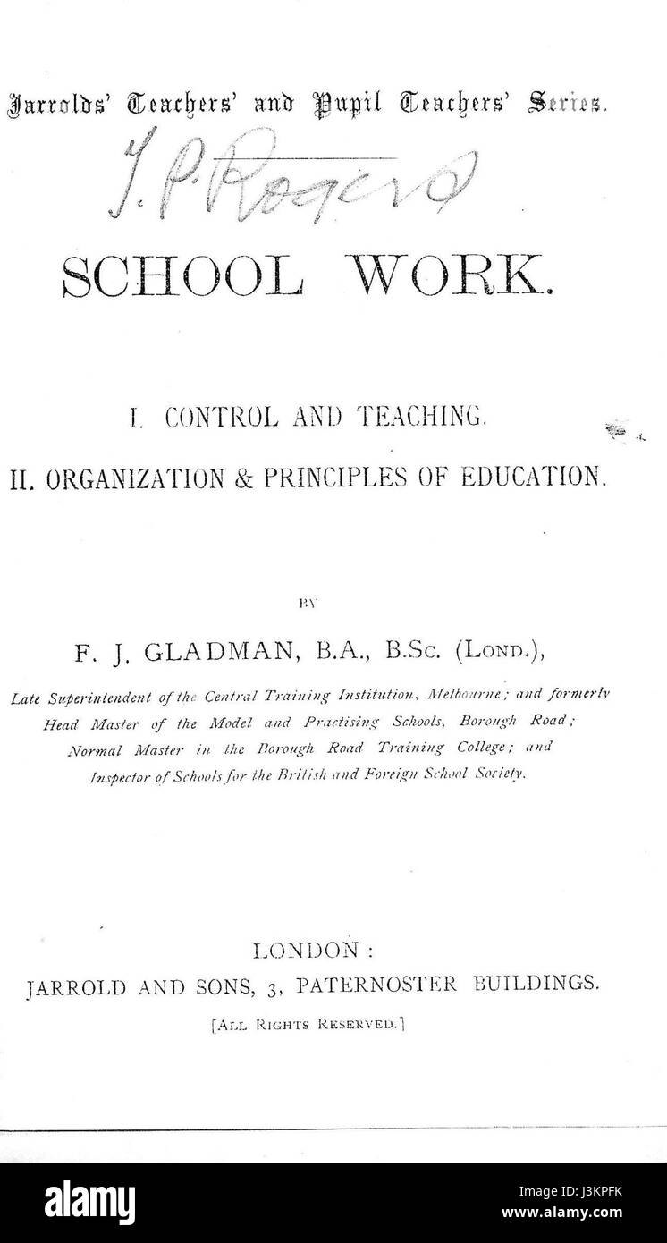 La couverture intérieure du travail de l'école de Gladman est un dessin visuel ou une illustration utilisée dans la publication. Il comprend souvent des éléments artistiques pertinents pour le thème du livre et peut présenter des travaux d'étudiants ou des éléments éducatifs. Banque D'Images