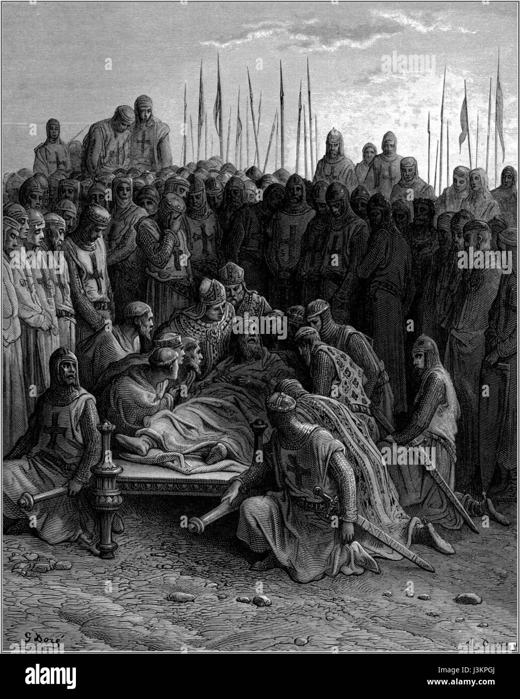 Le tableau de Gustave DorÃ© représente la mort de Baldwin Ier pendant les croisades, capturant un moment charnière dans l'histoire médiévale des États croisés. Banque D'Images