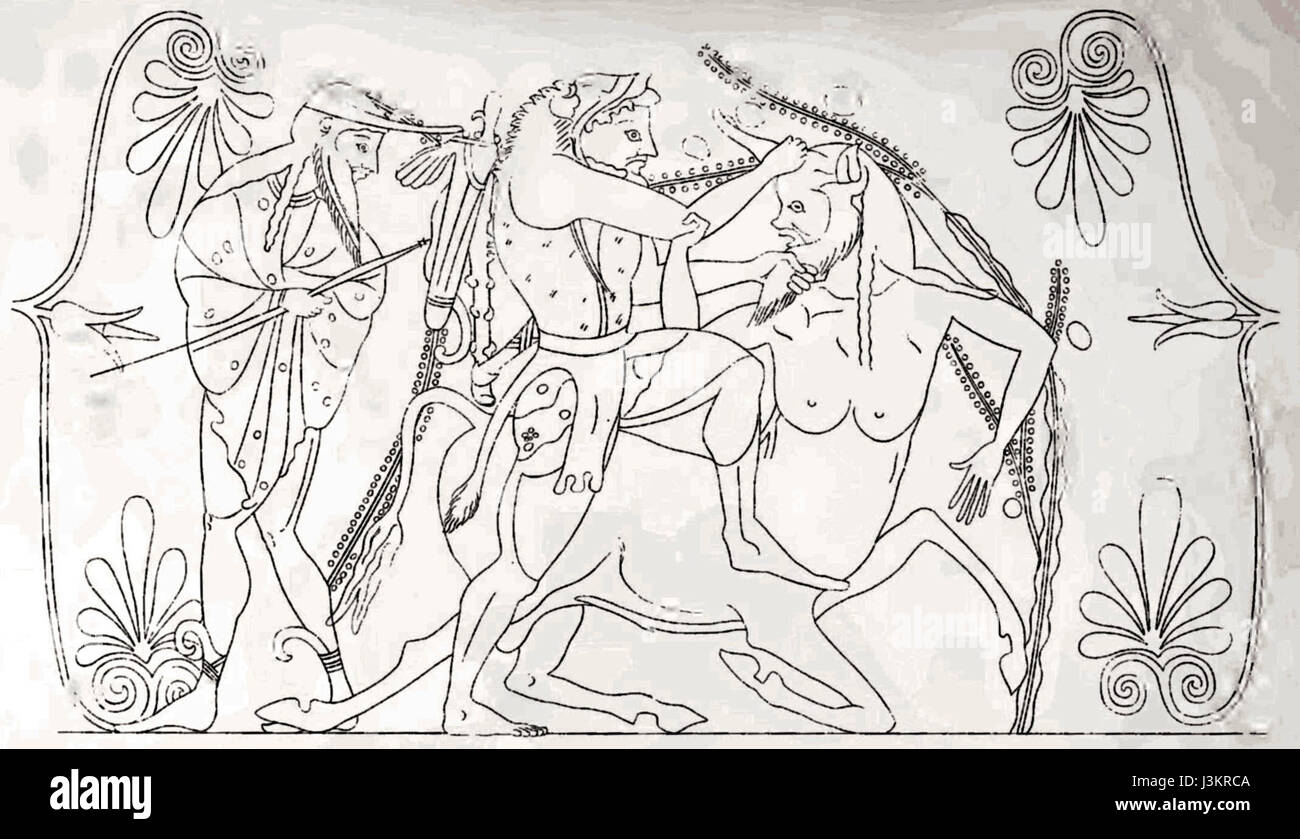 'Herakles und Acheloos' est un vase grec classique peint au British Museum. Il représente la bataille mythologique entre Héraclès et le Dieu du fleuve Achelous, une histoire de la mythologie grecque antique symbolisant la force et la persévérance. Banque D'Images