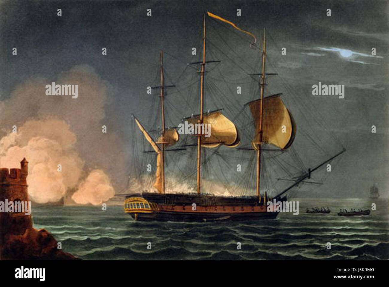 L'image intitulée 'Hermione Cutting' par Thomas Whitcombe montre une représentation historique d'une scène de bataille navale. L'œuvre représente le navire britannique Hermione, une figure importante de l'histoire navale, peut-être au XVIIIe siècle ou au début du XIXe siècle. Banque D'Images