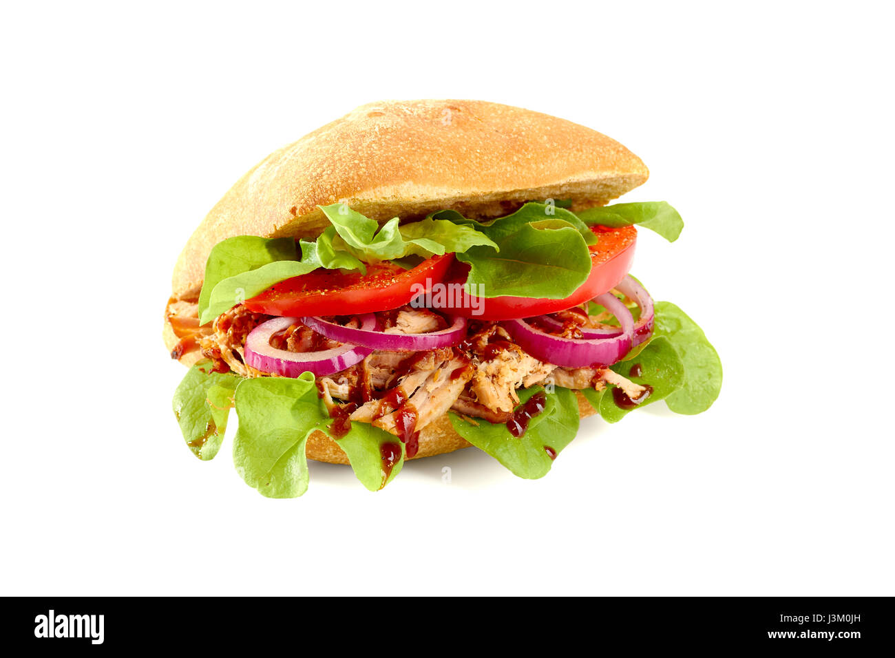 Sandwish de porc avec salade, tomate et on white Banque D'Images