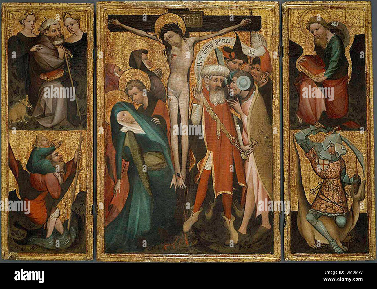 Maître allemand triptyque de la Crucifixion avec saint Antoine, Christopher, James et George Banque D'Images