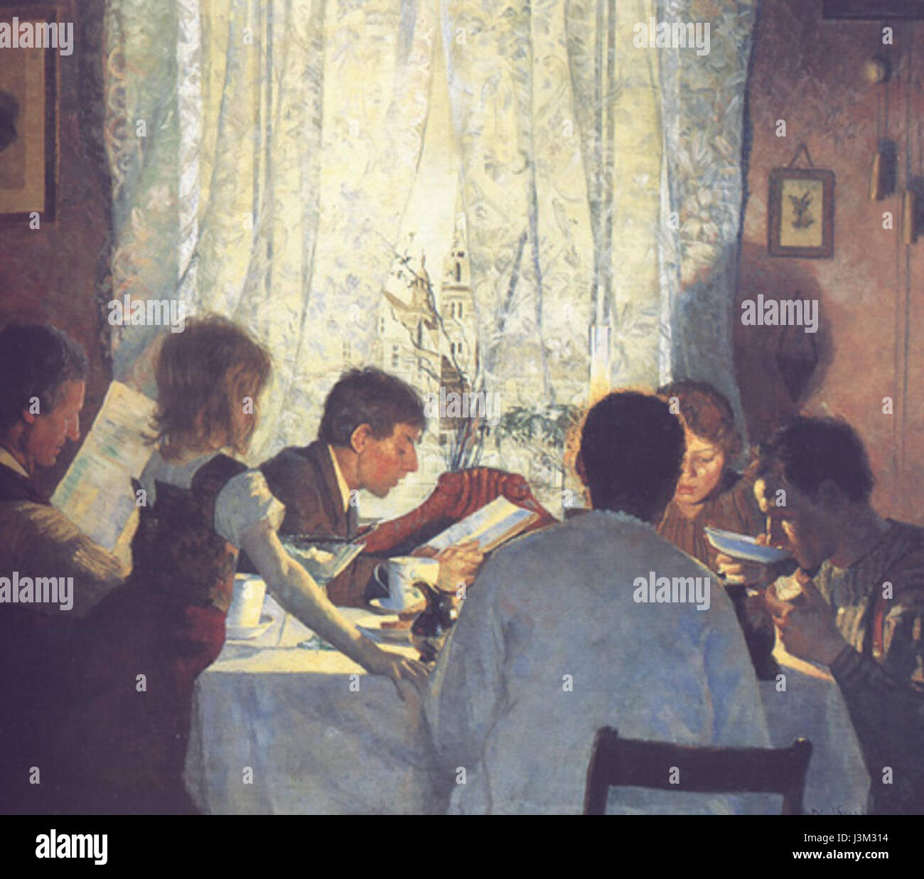 Ceci fait référence à une œuvre de Gustav Wentzel intitulée Frokost, une représentation d'une scène de petit déjeuner. Wentzel, un artiste danois, est connu pour ses portraits détaillés et réalistes de la vie quotidienne, capturant souvent des moments intimes et domestiques. Banque D'Images