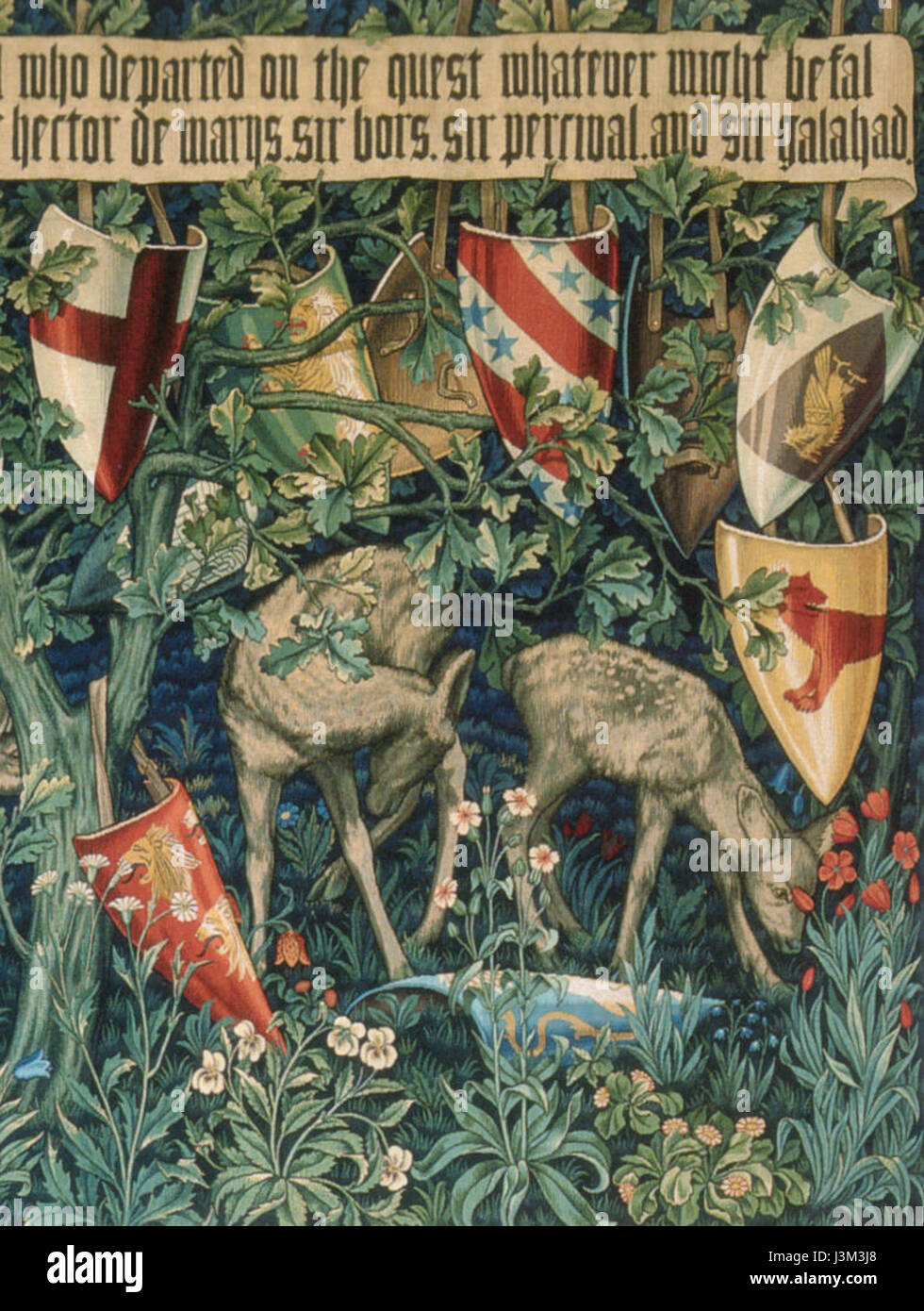 Le détail de la tapisserie du Saint Graal verdure illustre des scènes de la légende arthurienne, avec des représentations complexes de la nature et la recherche légendaire du Saint Graal. Banque D'Images