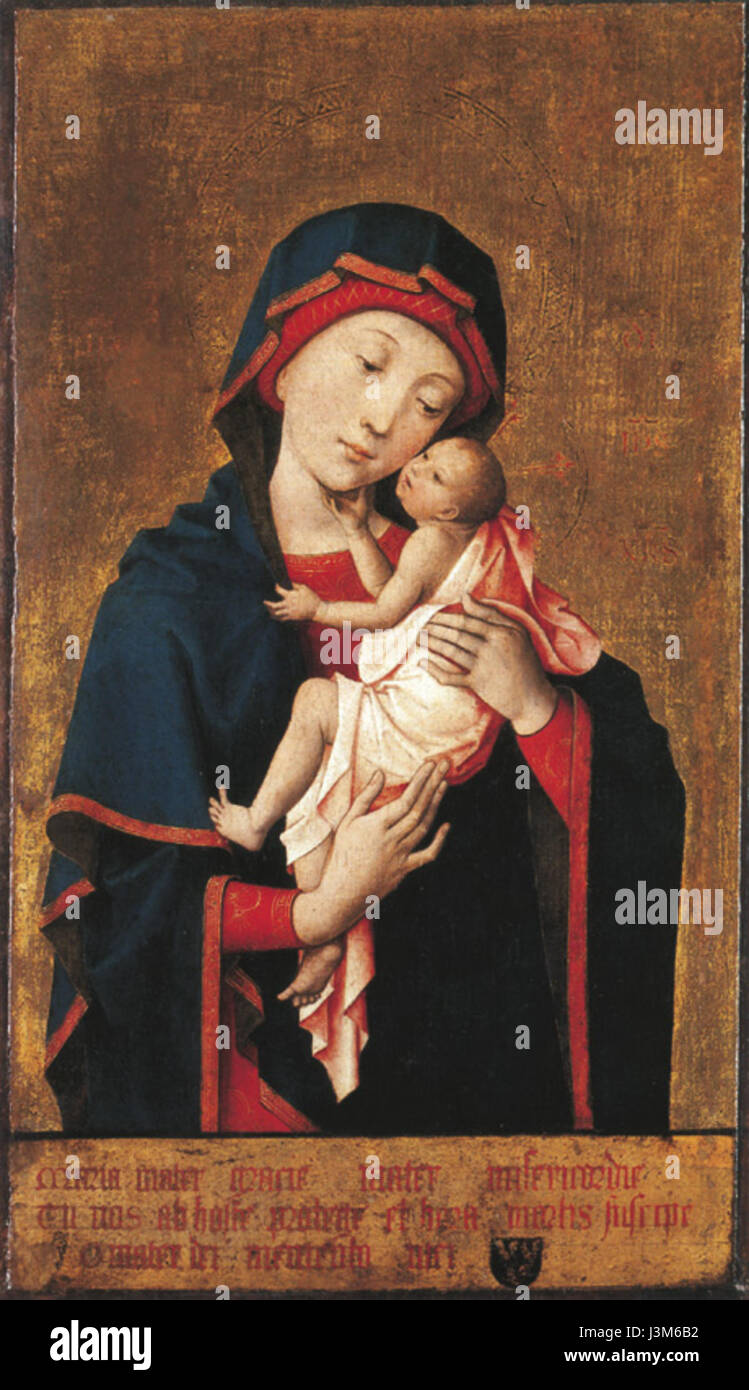 Cette œuvre, attribuée à Hayne de Bruxelles, représente la Vierge Marie avec l'enfant Jésus. Il reflète l'influence de l'art flamand à la fin du moyen âge, mettant l'accent sur les thèmes religieux et le détail méticuleux. Banque D'Images