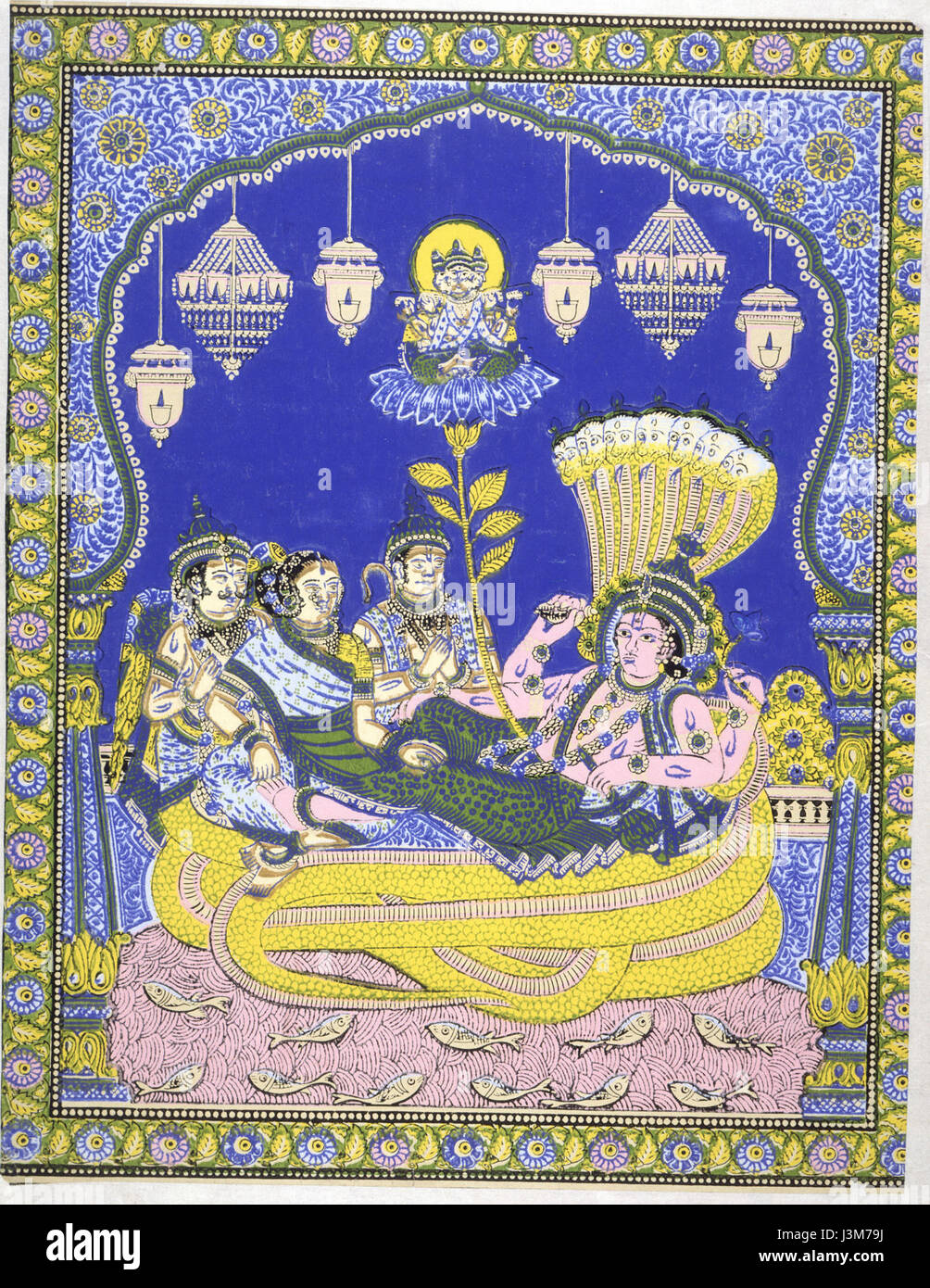 Papier peint décoratif représentant des divinités hindoues, mettant en valeur l'art traditionnel indien et des motifs culturels. Banque D'Images