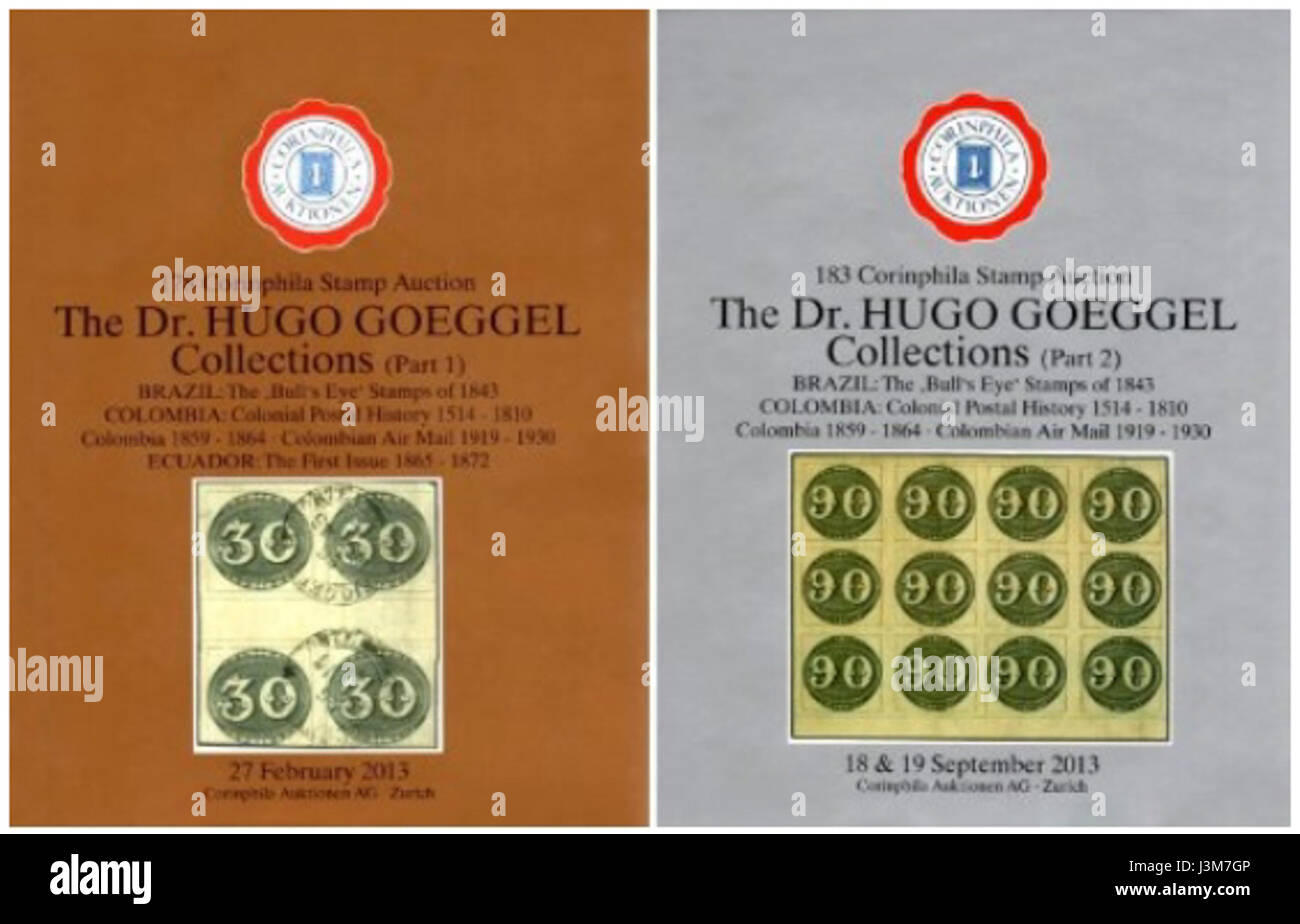 Cette collection de catalogues de vente aux enchères Goeggel Corinphila de 2013 présente des timbres rares, l'histoire postale et des collections philatéliques offertes lors de la vente aux enchères. Banque D'Images