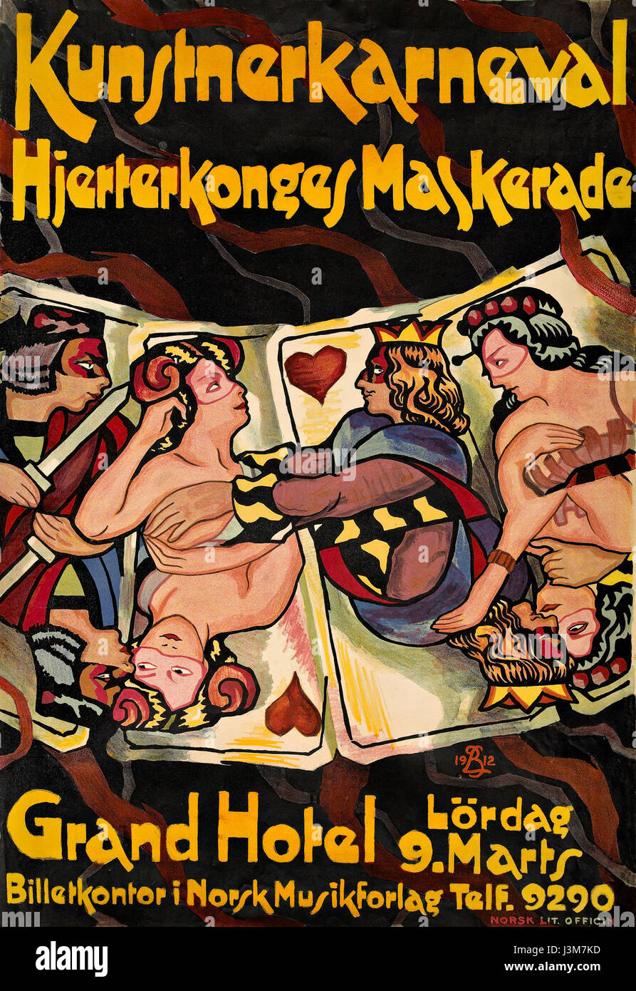 'Hjertekongens maskerade' (la mascarade du roi du cœur) est une œuvre probablement liée à un récit fictif ou à une tradition culturelle. Il pourrait s'agir de thèmes de bals de mascarade ou d'événements symboliques dans la culture scandinave. Banque D'Images