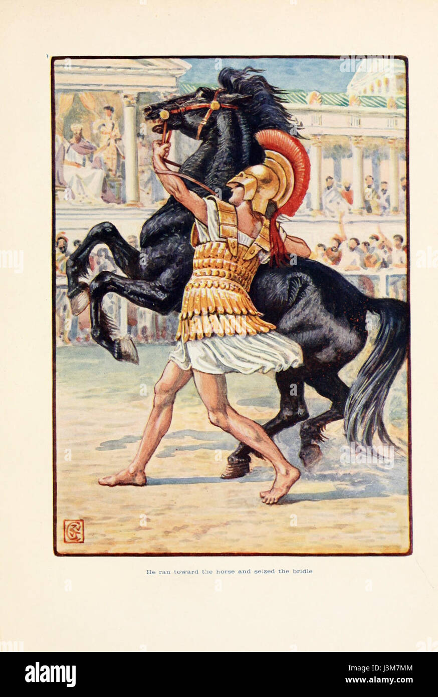 Cette phrase décrit une scène d'action où un individu court vers un cheval et saisit sa bride, une sangle en cuir utilisée pour contrôler l'animal. Cela implique l'urgence et l'engagement physique dans un moment de tension ou d'action. Banque D'Images