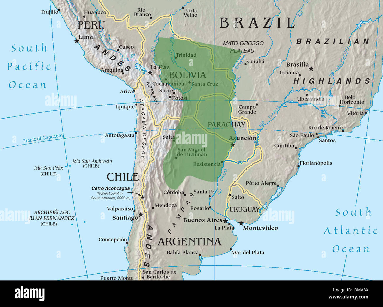 Une carte générale ou un plan représentant les limites approximatives de la région du Gran Chaco en Amérique du Sud, mettant en évidence ses principales caractéristiques géographiques et écologiques. Banque D'Images