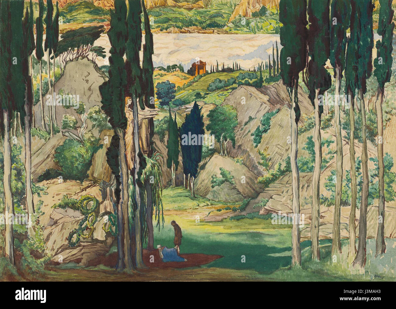 La Harvard Theatre Collection détient le manuscrit MS Thr 414,4 (9), qui présente des œuvres de l'artiste et designer russe LÃ©sur Bakst. La collection se concentre sur ses contributions à la conception théâtrale, en particulier pour le ballet russe, mettant en valeur ses décors et costumes détaillés et colorés. Banque D'Images