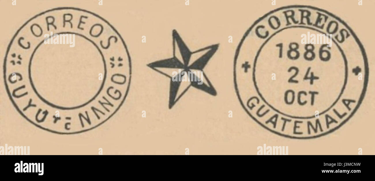 Il s'agit de fausses oblitérations postales du Guatemala du XIXe siècle. Ces timbres sont historiquement importants pour les collectionneurs et offrent un aperçu de l'histoire postale du pays pendant cette période. Banque D'Images