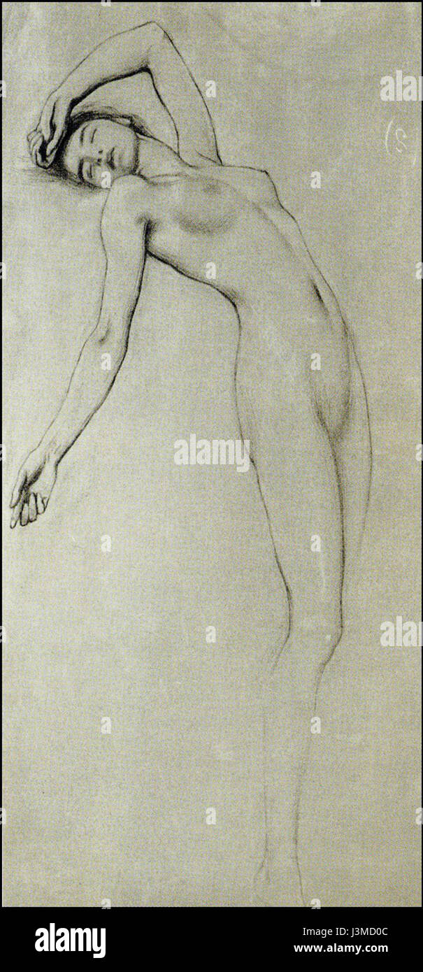 Cette étude de Herbert James Draper se concentre sur la figure centrale de son célèbre tableau « Clyties of the Mist ». Le croquis démontre l'attention de Draperâ€™aux détails anatomiques et sa maîtrise de la forme humaine, en particulier dans la représentation du mouvement et de la fluidité. Le travail de Draperâ€™ reflète son habileté à combiner des influences classiques avec sa propre vision artistique. Banque D'Images