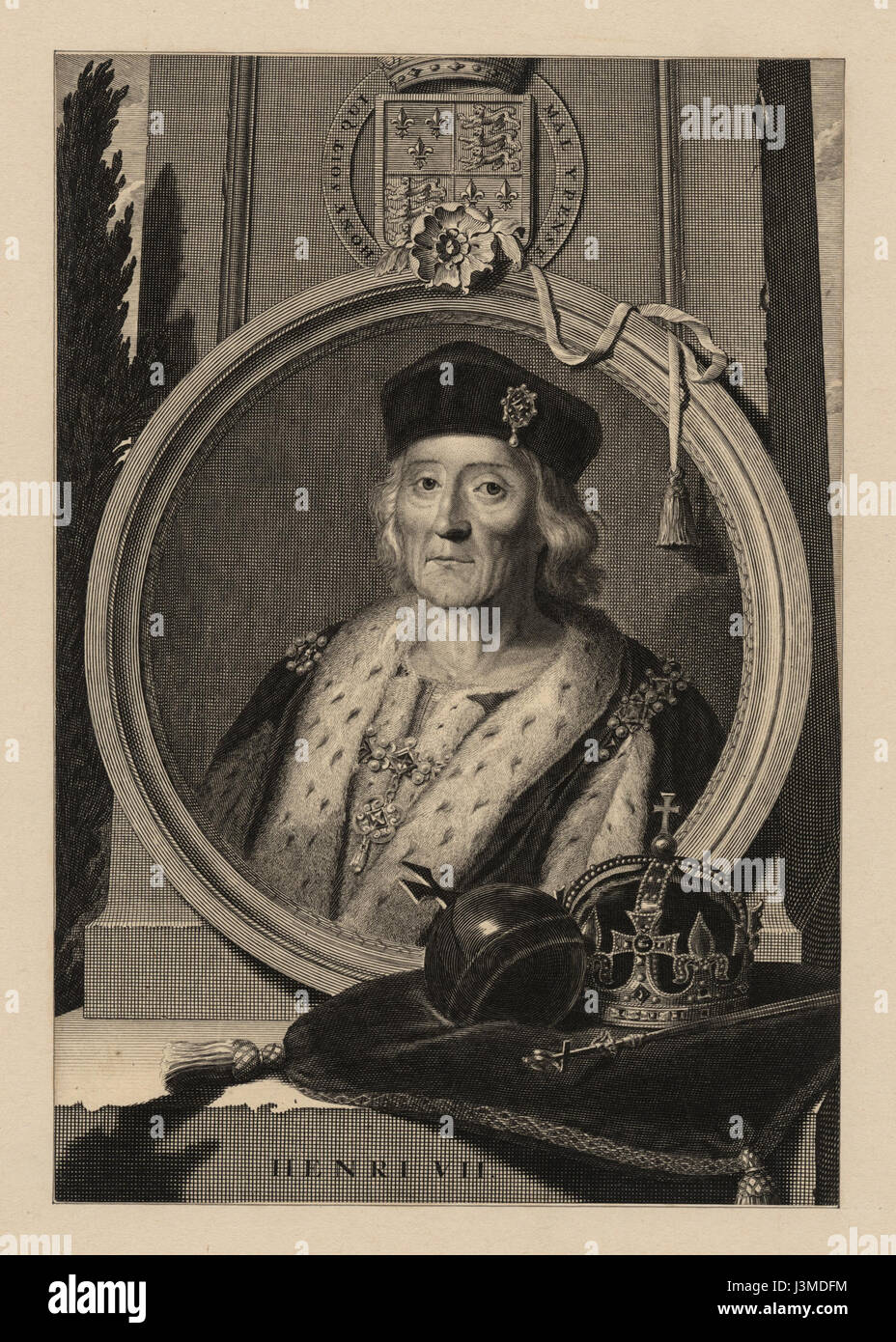 Ce portrait du roi Henri VII, exposé dans la collection de la bibliothèque publique de New York, met en valeur le souverain d'Angleterre de 1485 à 1509. Son règne marque la fin des guerres des deux-Roses et le début de la dynastie Tudor, influençant de manière significative l'histoire anglaise. Banque D'Images