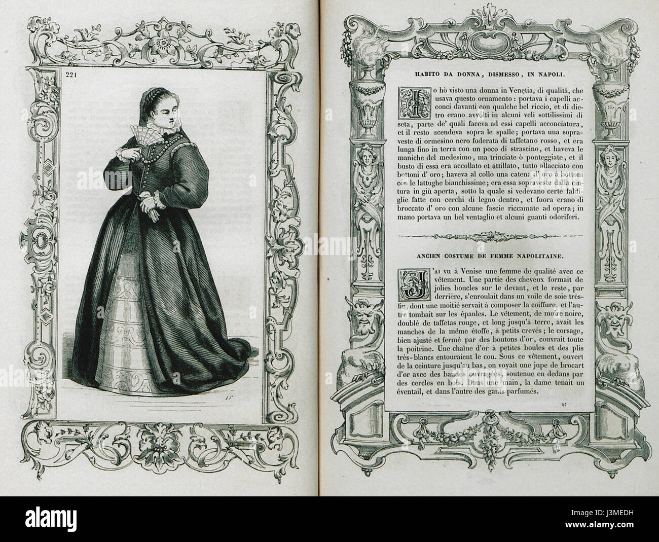 L'image intitulée 'Habito da donna, dismesso, in Napoli' de Cesare Vecellio, datant de 1860, représente une mode féminine traditionnelle portée à Naples, en Italie. L'illustration fournit une vue détaillée du style vestimentaire et de la tenue culturelle de l'époque, mettant en valeur les tendances de la mode de Naples au XIXe siècle. Banque D'Images