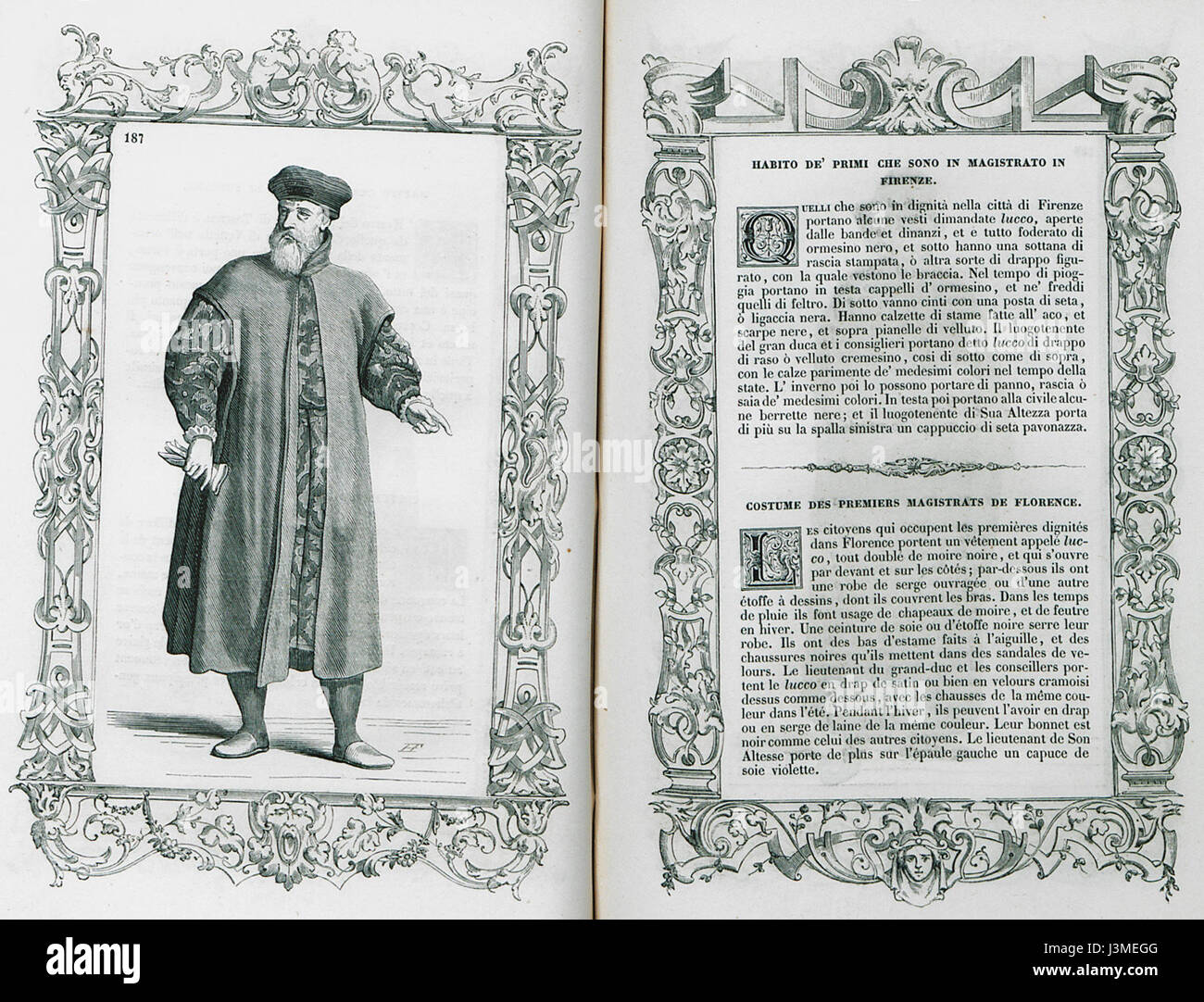 Habito de primi che sono in magistrato in Firenze est une œuvre de Cesare Vecellio datant de 1860, représentant la tenue vestimentaire des magistrats à Florence pendant cette période. Cette illustration historique met en valeur les vêtements formels portés par les fonctionnaires et donne un aperçu de la culture florentine au XIXe siècle. Banque D'Images