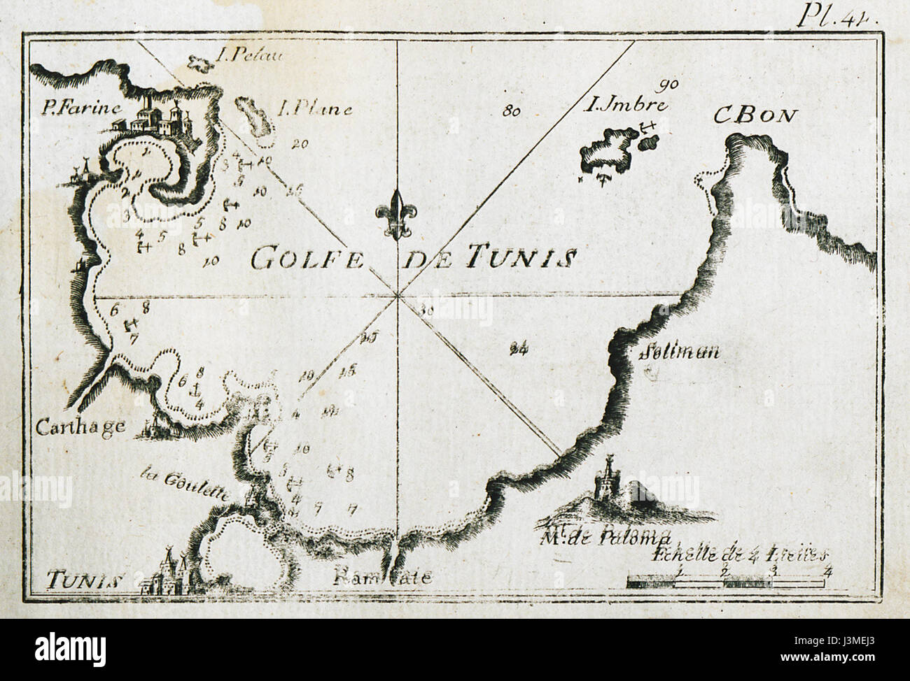 Le Golfe de Tunis, représenté par Joseph Roux en 1804, offre une vue historique de la baie et de ses environs, donnant un aperçu de la géographie méditerranéenne et de l'histoire maritime. Banque D'Images