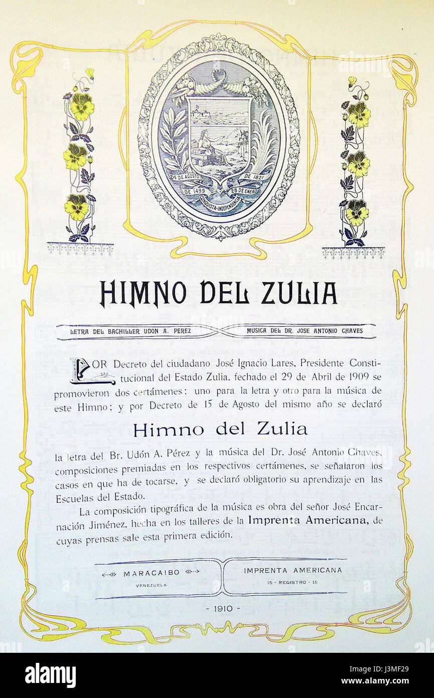 'Himno del Zulia' est un hymne régional populaire de Zulia, Venezuela. Le « Primer aviso » se réfère à l'alerte ou appel initial, évoquant un sentiment de fierté et de patriotisme pour le peuple de Zulia. Banque D'Images