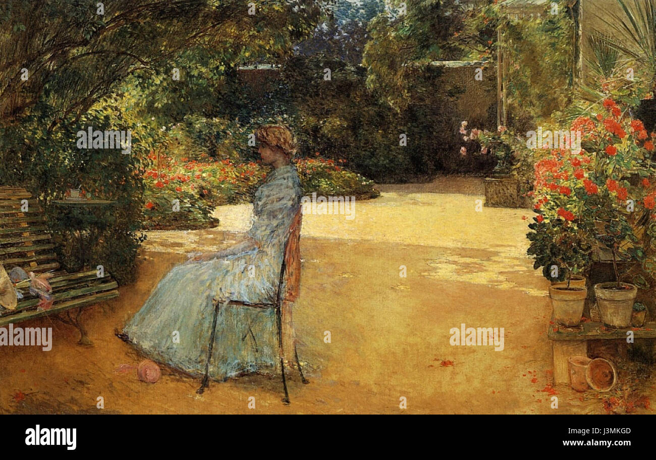 « Artists Wife in a Garden » de Childe Hassam est une célèbre peinture impressionniste représentant la femme de l'artiste dans un jardin serein, mettant en valeur des couleurs vives et de la lumière. Banque D'Images