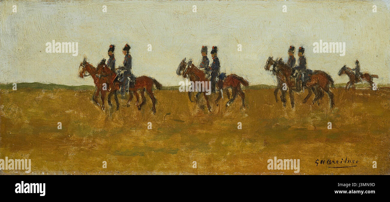 Cette œuvre du Rijksmuseum représente des hussards dans un champ ouvert. Les hussards étaient des régiments de cavalerie légère, et l'image peut illustrer une scène militaire historique du XVIIIe ou XIXe siècle. Banque D'Images