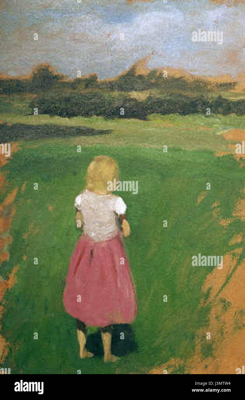 L'œuvre 'Hans am Ende MÃ¤dchen auf der Wiese' représente une fille dans un champ, symbolisant l'innocence et le lien avec la nature. La pièce transmet la simplicité et la beauté dans la vie rurale. Banque D'Images