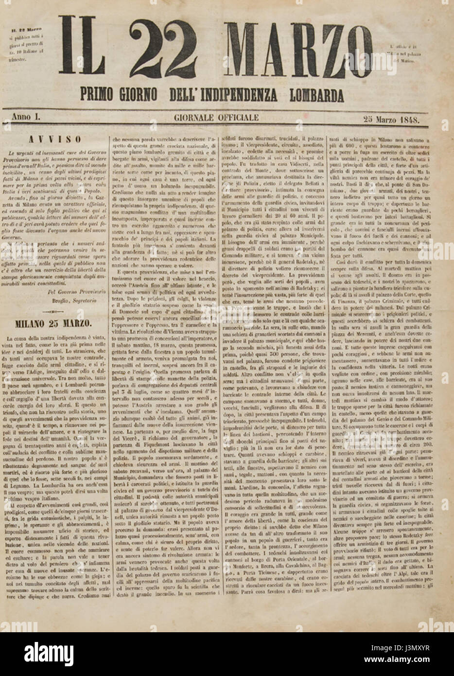 Ce titre fait référence aux événements entourant l'histoire de l'Italie les 22 et 25 mars 1848. Les deux dates sont importantes dans le contexte des révolutions et des soulèvements en Europe au milieu du XIXe siècle. Banque D'Images