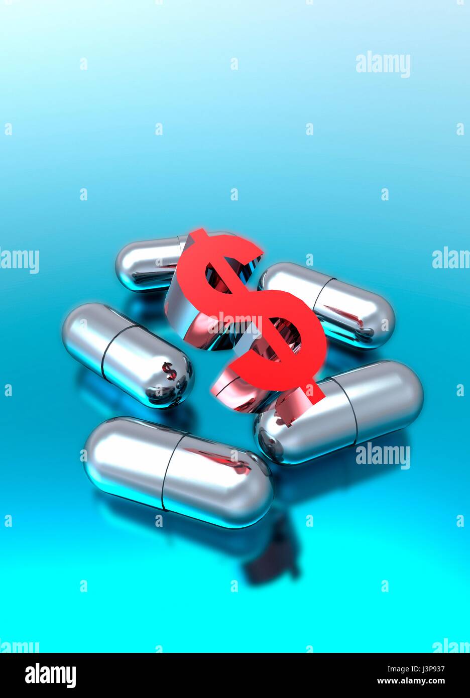 Capsules et symbole du dollar contre fond bleu. Banque D'Images