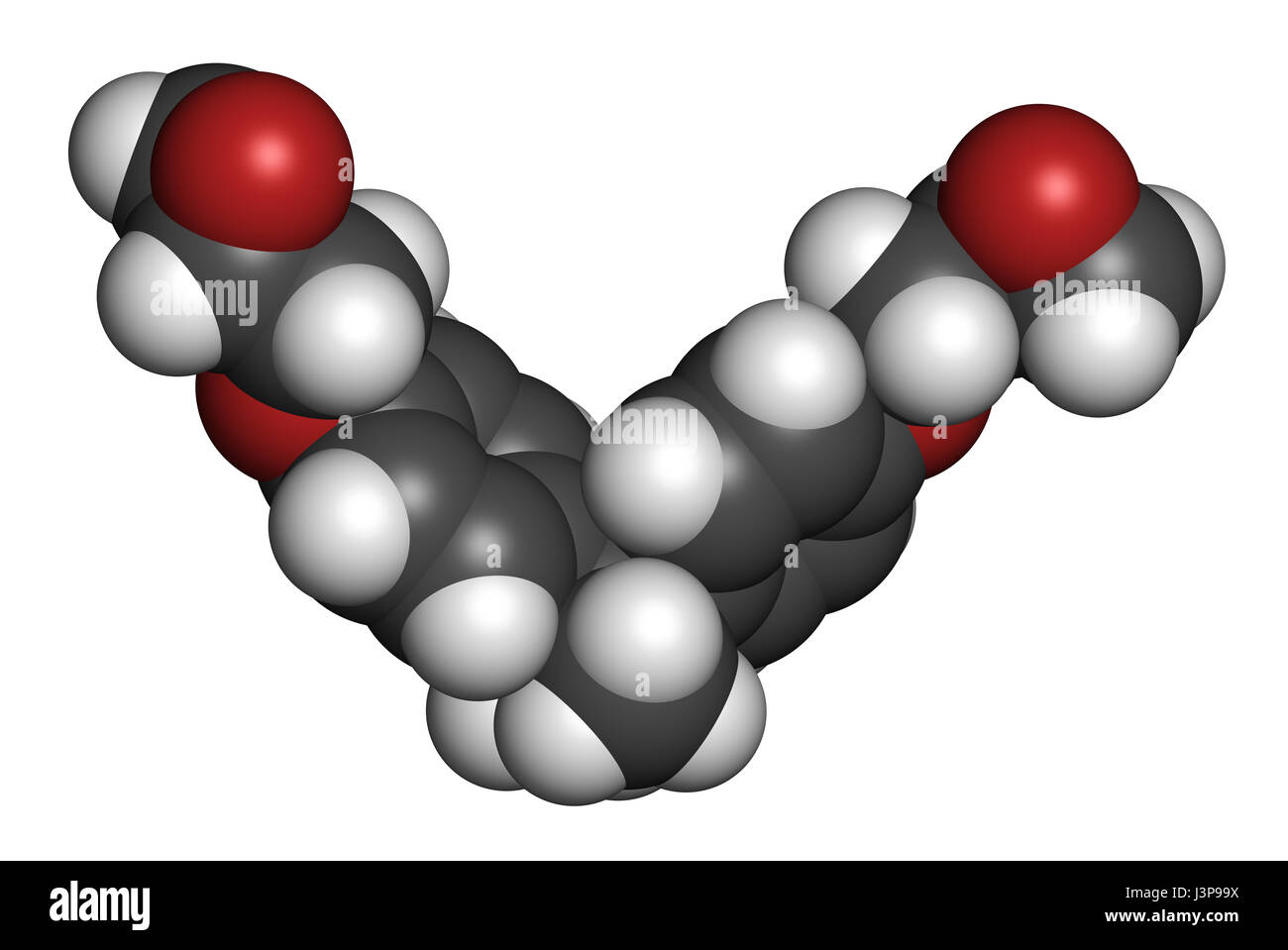 L'éther diglycidylique de bisphénol A (DGEBA) BADGE, molécule constitutive de la colle époxy. Les atomes sont représentés comme des sphères avec codage couleur classiques : l'hydrogène Banque D'Images