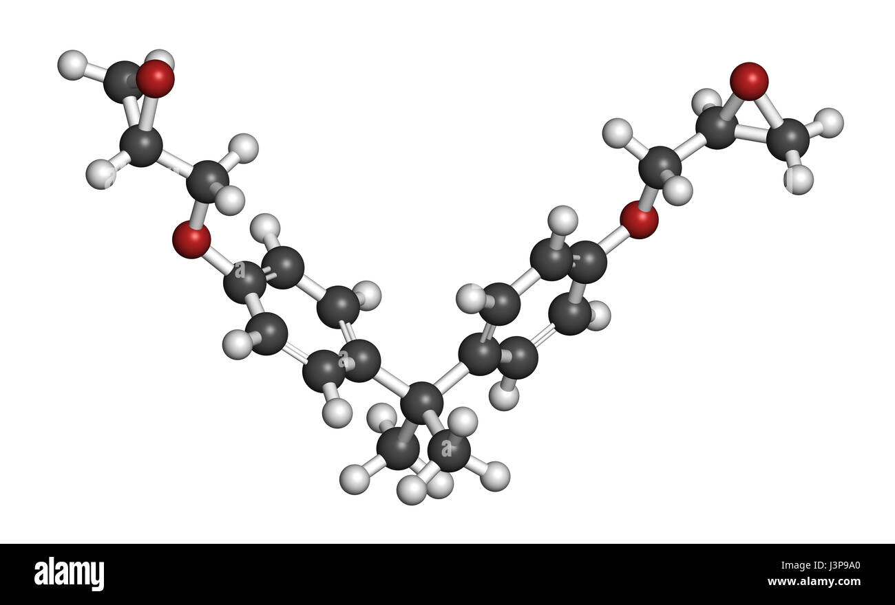 L'éther diglycidylique de bisphénol A (DGEBA) BADGE, molécule constitutive de la colle époxy. Les atomes sont représentés comme des sphères avec codage couleur classiques : l'hydrogène Banque D'Images
