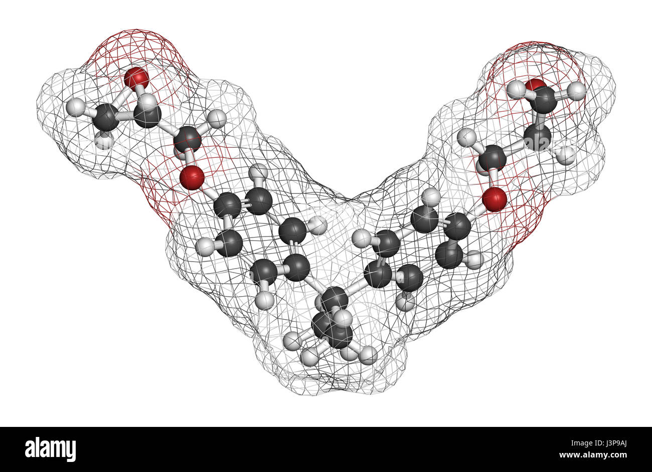 L'éther diglycidylique de bisphénol A (DGEBA) BADGE, molécule constitutive de la colle époxy. Les atomes sont représentés comme des sphères avec codage couleur classiques : l'hydrogène Banque D'Images