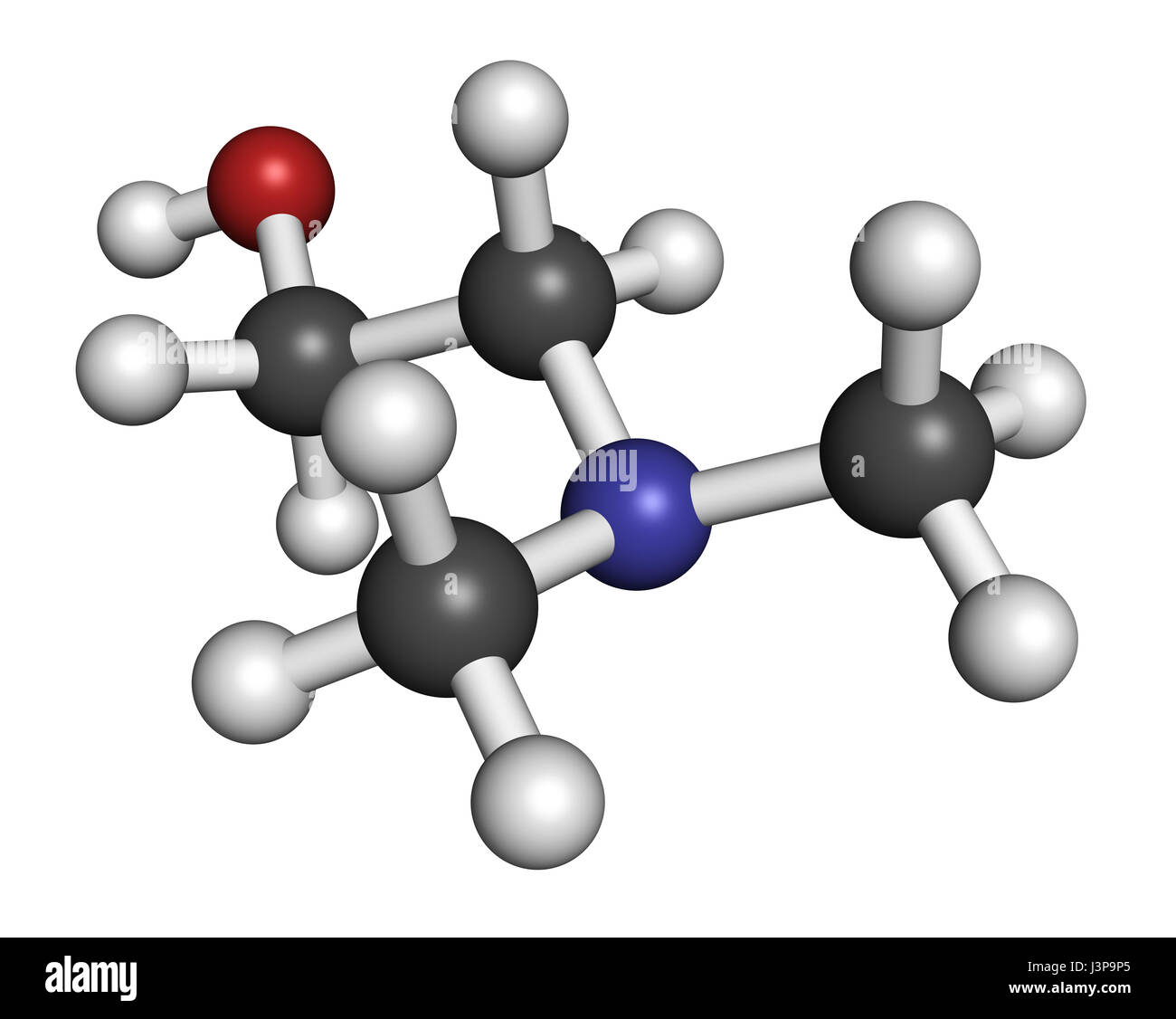 Diméthylaminoéthanol (dimethylethanolamine, DMEA, DMAE) molécule. Peut avoir des effets bénéfiques sur la santé, y compris l'augmentation de la durée de vie. Les atomes sont repres Banque D'Images