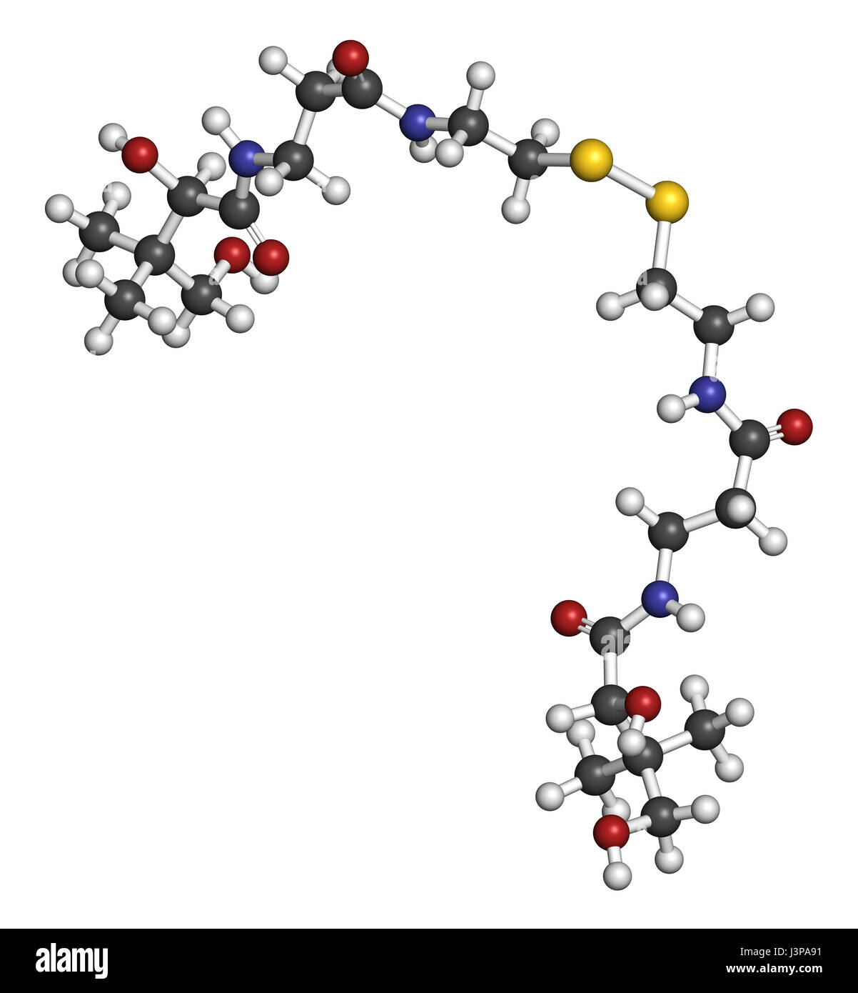 Pantethine (dimère de la vitamine B5). Utilisé dans les suppléments alimentaires. Les atomes sont représentés comme des sphères avec codage couleur classiques : l'hydrogène (whit Banque D'Images