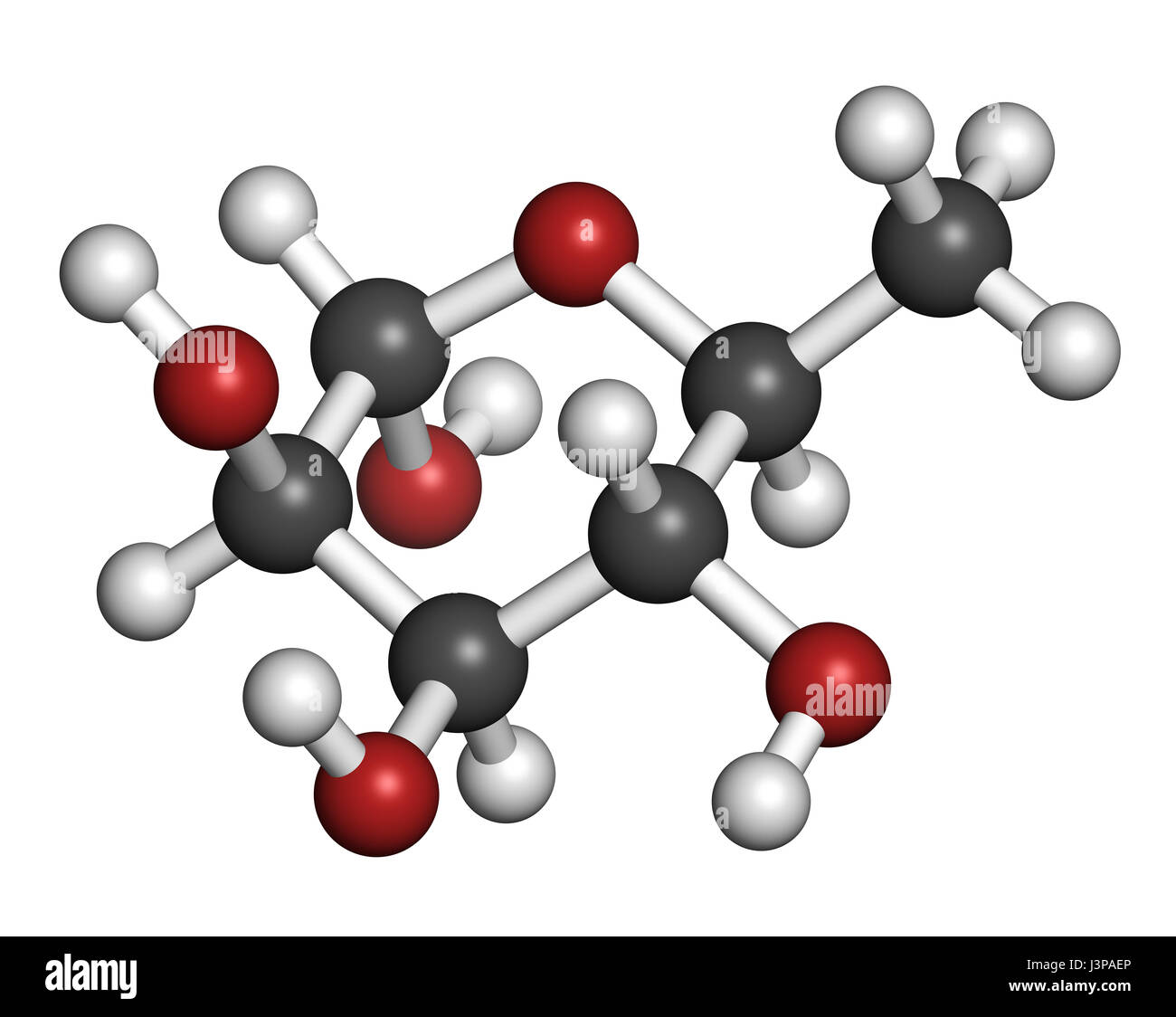 Rhamnose (L-rhamnose) désoxy molécule de sucre. Utilisé en cosmétique pour traiter les rides. Les atomes sont représentés comme des sphères classiques avec codage couleur : hydr Banque D'Images