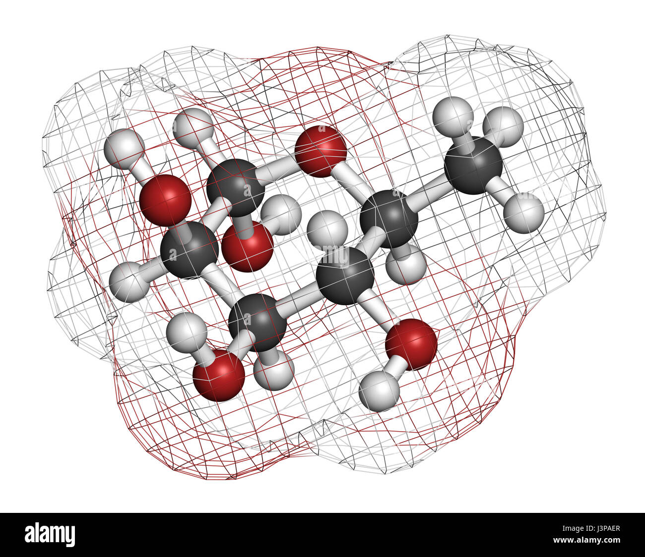 Rhamnose (L-rhamnose) désoxy molécule de sucre. Utilisé en cosmétique pour traiter les rides. Les atomes sont représentés comme des sphères classiques avec codage couleur : hydr Banque D'Images