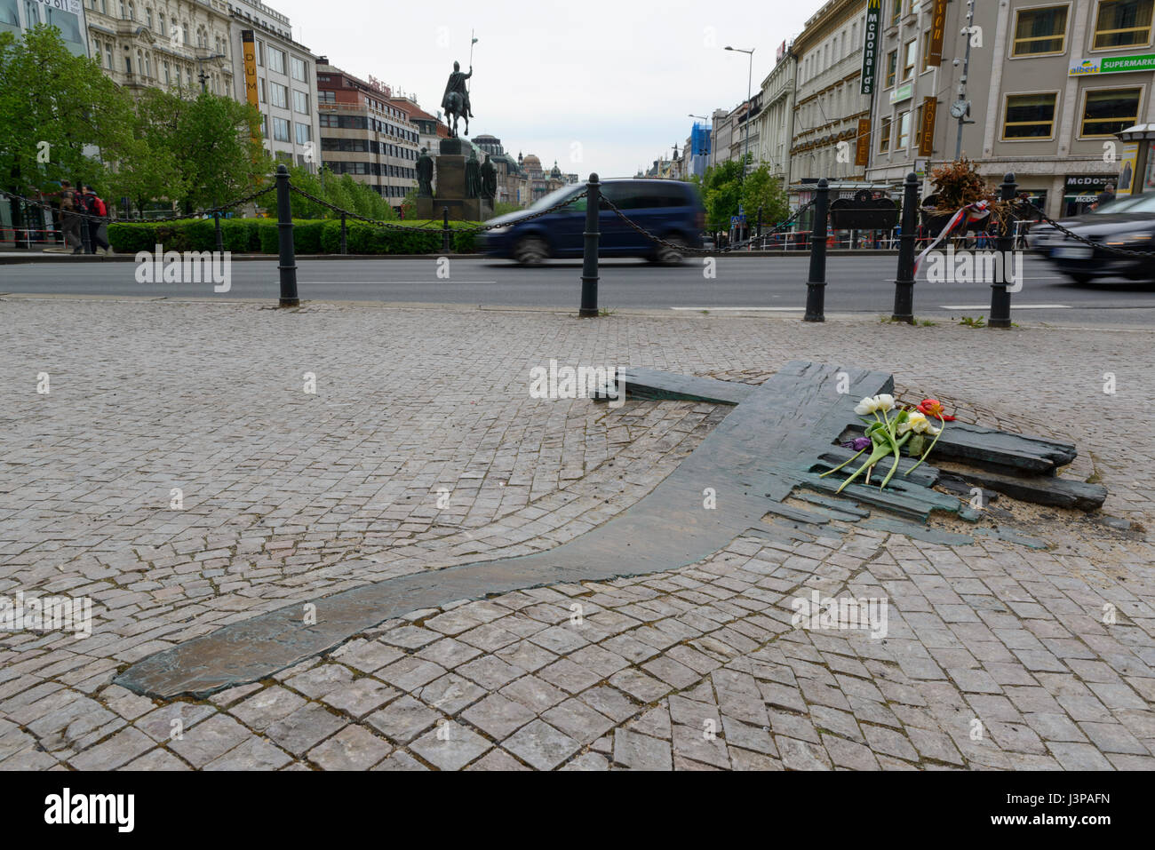 Mémorial de Jan Pallach sur la place Venceslas à Prague, République Tchèque Banque D'Images