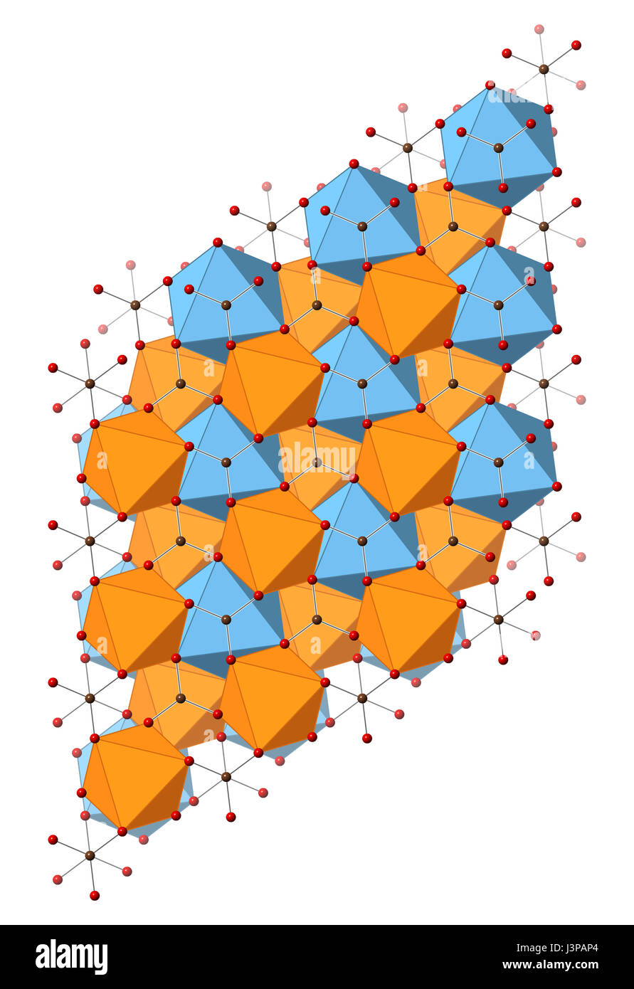 La Dolomite (carbonate de magnésium, calcium CaMg(CO3)2) minéral, structure cristalline. Illustré des atomes les sphères et les polyèdres. Banque D'Images