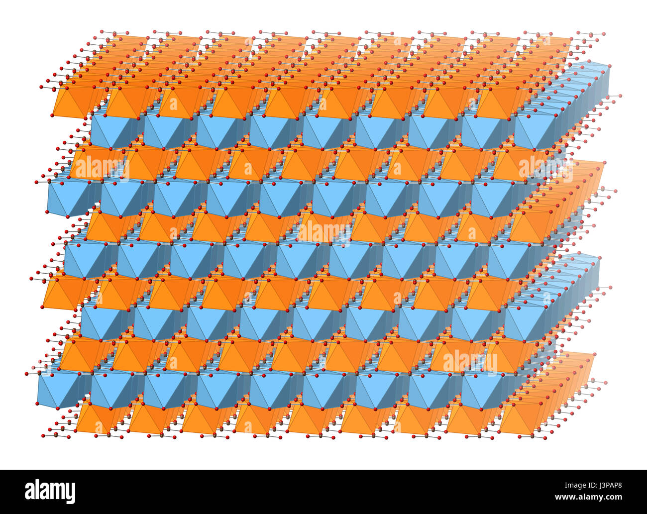 La Dolomite (carbonate de magnésium, calcium CaMg(CO3)2) minéral, structure cristalline. Illustré des atomes les sphères et les polyèdres. Banque D'Images